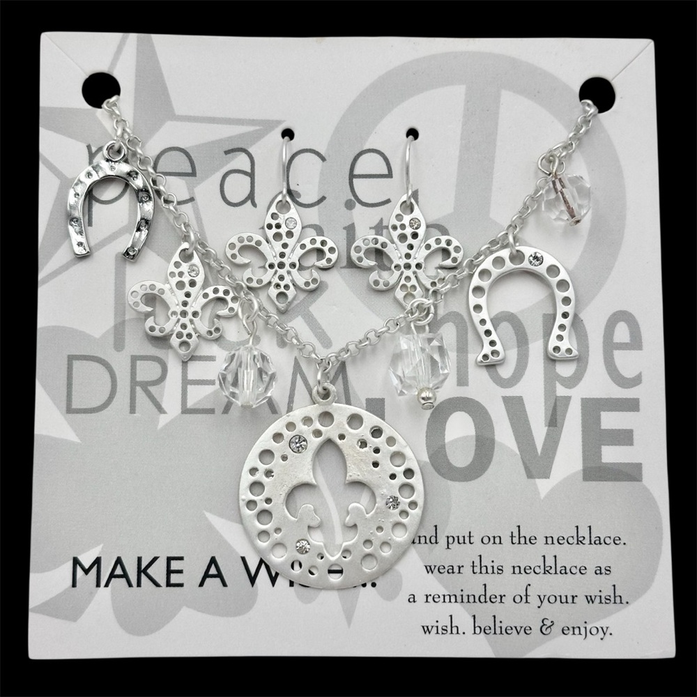 Fleur De Lis Matte Silver Tone Charm Beaded Necklace Earrings Set Alloy